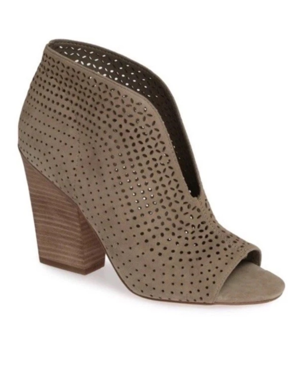Vince Camuto Kainan Tan Beige Taupe Leather Suede Open Toe Bootie Wedge Heel Sz9